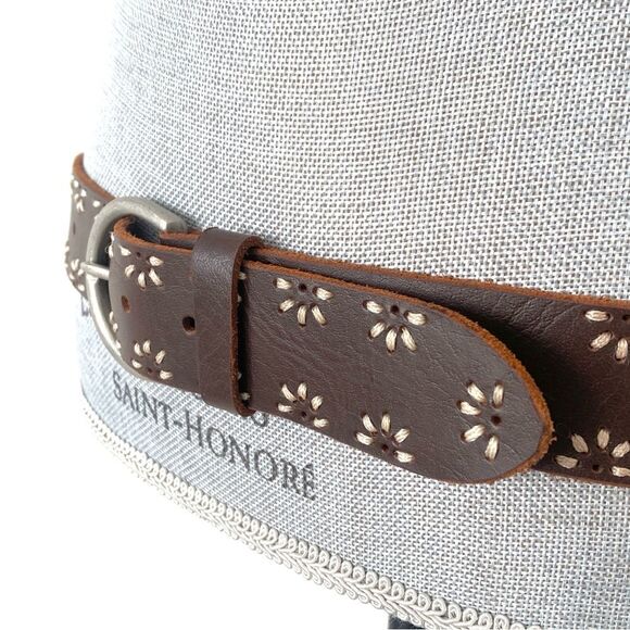 Brown Leather Floral Embroidered Silver Buckle Belt 32” W Boho Western Cottage main image 5
